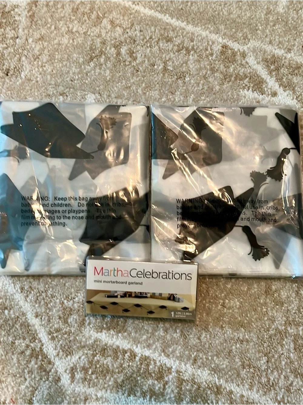 Mini Mortarboard Graduation Cap Garland and 2 Clear Graduation Cap Tablecloths